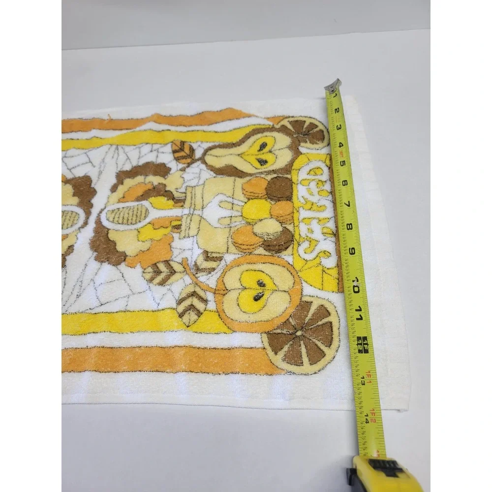 Vintage 70s Retro Fruit Salad Kitchen Towel White Cotton Yellow Orange Brown MCM